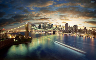 City skyline bridge boat night - art brenner free wallpaper