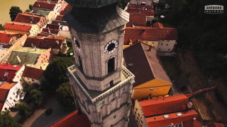 Clocktower cityscape river bridge pagoda - a river in the background free wallpaper