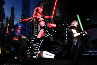 Women costumes lightsabers city nighttime - a group of women free wallpaper for desktop
