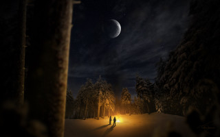 Couple snow night fullmoon stars - atmospheric free wallpaper