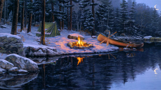 Campfire canoe snowy forest lake - a campfire free wallpaper
