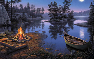 Boat lake campfire canoe night - a painting of a boat free wallpaper