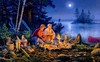 Campfire men sitting boat background - brothers hildebrandt free wallpaper