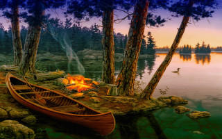 Canoe lake campfire man shore - the shore free wallpaper