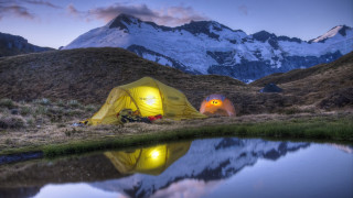 Yellow tent lake mountains night - the mountain free wallpaper