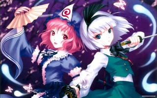 Anime characters umbrellas purple background - butterfly free wallpaper