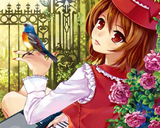 Girl red dress bird hand - a manga drawing free wallpaper for desktop