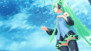 Anime girl green hair blue 4 - a blue sky background free wallpaper