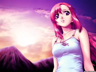 Pink hair blue dress mountain - overhead free wallpaper for desktop