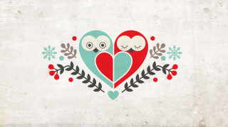 Owls heart leaves snowflakes couple - folk art free wallpaper