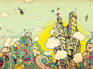 City clouds buildings skyline kite - illustration free wallpaper for desktop