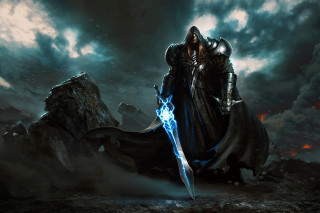 Man black robe sword demon - his hand and a demon in the background free wallpaper