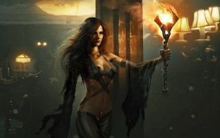 Woman holding torch dark room - bastien l. deharme free wallpaper
