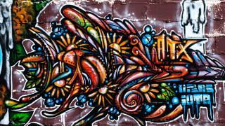 Graffiti wall fish building blue - side and a building in the background free wallpaper