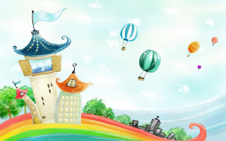 Rainbow building hotair balloons storybook - hot air balloon free wallpaper