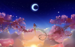 Woman cloud hillside crescent moon - above her head free wallpaper for desktop