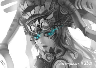 Steampunk woman helmet goggles face - her face and shoulders free wallpaper