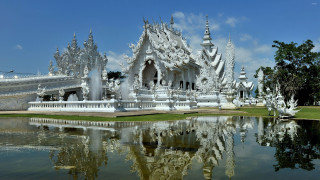 White building pond sky clouds - a pond in front free wallpaper