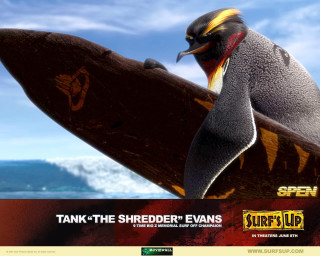 Penguin surfboard water sky caption - a penguin free wallpaper for desktop