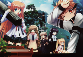 Anime girls forest ladder group - a ladder in the background free wallpaper