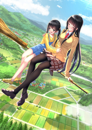 Anime girls swing green landscape - giantess art free wallpaper for mobile