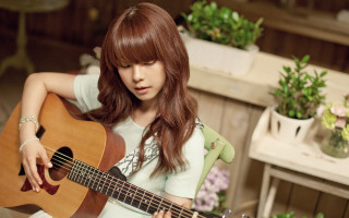 Woman red hair guitar flowers - chen jiru free wallpaper for desktop