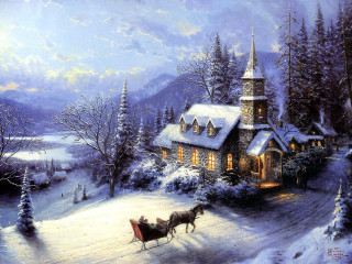 Church horse drawn carriage snowy - thomas kindkade free wallpaper