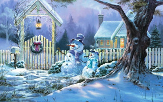 Snowman snowy yard house tree 2 - kinkade free wallpaper for desktop