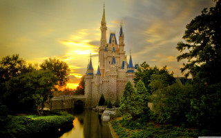 Castle bridge trees sunset dawn - pixar and disney animation free wallpaper