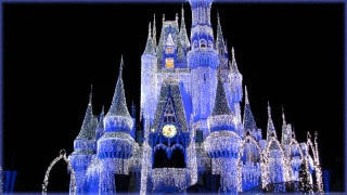 Castle clock night lights snow - a blue frame free wallpaper for desktop
