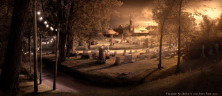 Cemetery graveyard night lights gravestones - matte painting free wallpaper