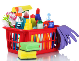 Red basket cleaning supplies gloves - product photography free wallpaper