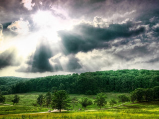 Field road forest sky sunlight - crepuscular free wallpaper