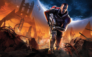 Futuristic man suit planet spaceship - a spaceship in the background free wallpaper