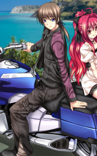 Man woman sitting motorcycle together - the back of the motorcycle free wallpaper