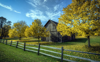 Barn fence trees autumn landscape - a fence and trees free wallpaper