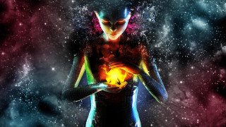 Woman holding glowing ball space - amanda sage free wallpaper