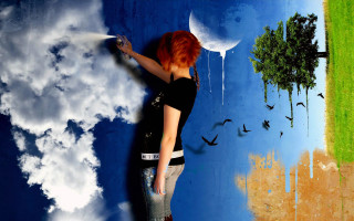Woman spraying water tree birds - surreal photography free wallpaper for desktop