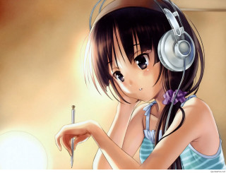 Girl headphones pen lightbulb light - holding free wallpaper