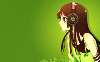 Girl headphones looking distance green - a green background behind her free wallpaper