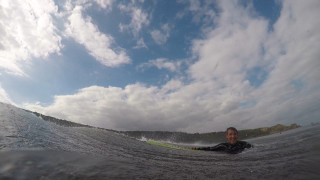Man surfing wave ocean cloudy - wide angle len free wallpaper for desktop