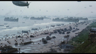 Military vehicles beach ocean crowd - huge scene free wallpaper