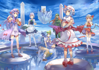 Anime girls platform sky clouds - official art free wallpaper for desktop