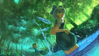 Woman green dress forest stream 3 - a forest next free wallpaper