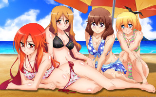 Three girls bikinis beach umbrella - bikinis free wallpaper
