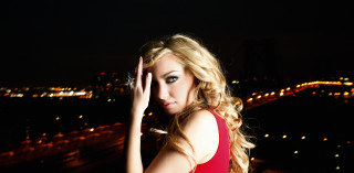 Woman red dress hand face - her face free wallpaper