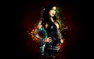 Woman tattoos leather jacket pose - poster art free wallpaper for desktop