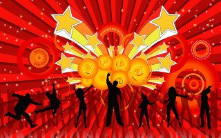 Dancing people red background stars - kitsch movement free wallpaper
