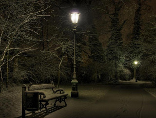 Bench snowy park night street - a street light in the background free wallpaper