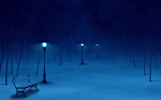 Bench snowy park night streetlights - magical atmosphere free wallpaper